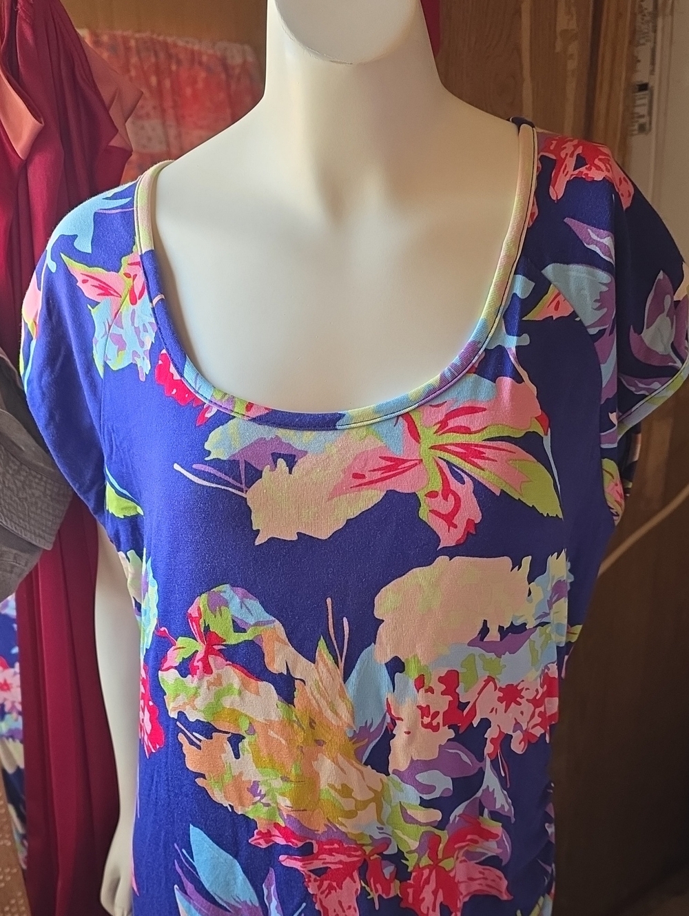 Colleen Lopez Royal Blue Floral Scoop Neck Short Sleeve Maxi Size L